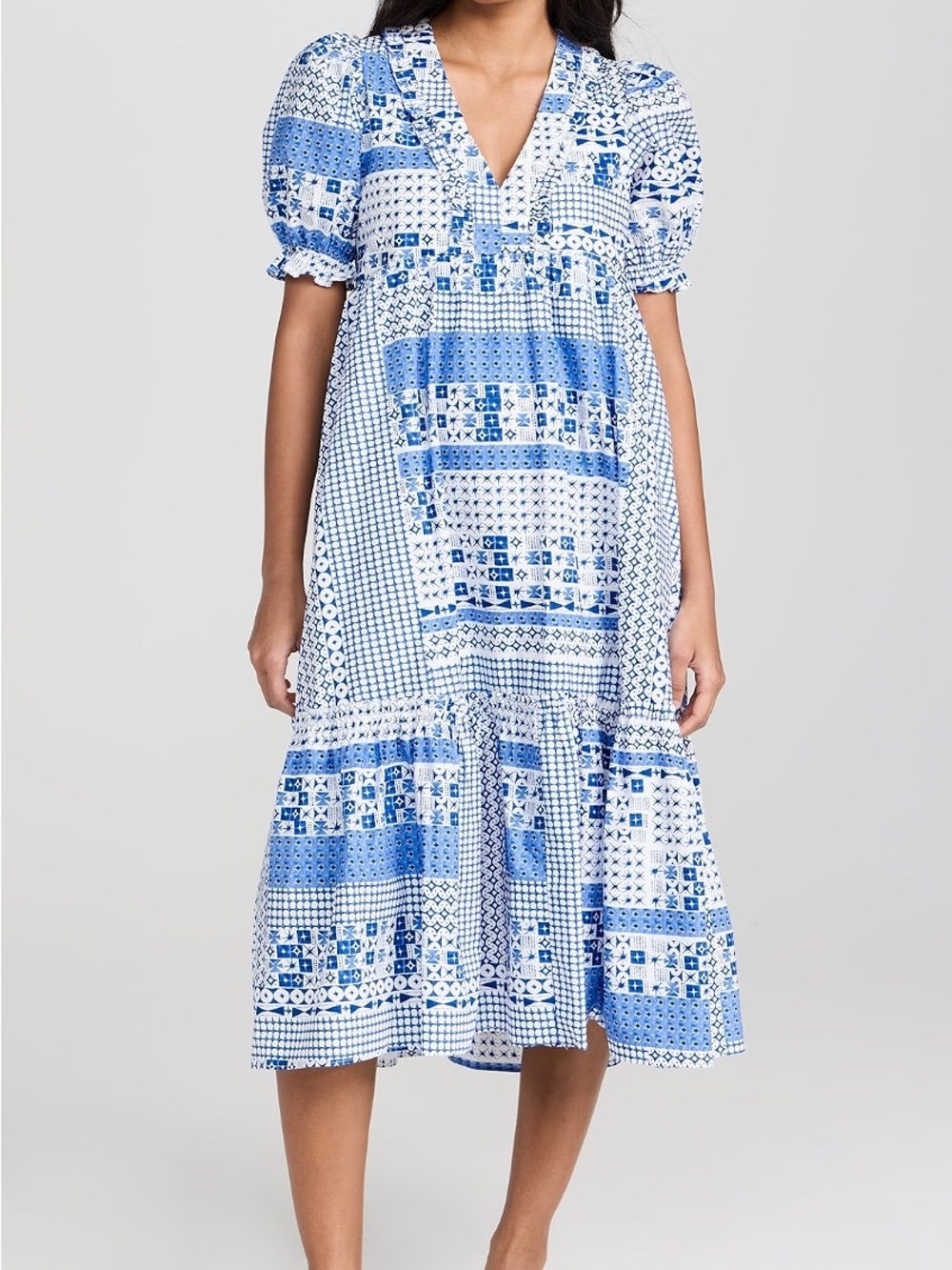 English Factory Geometric Print Tiered Midi Dress Blue/White Size Small